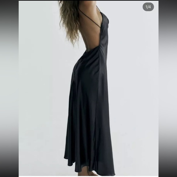 ZARA BLACK FOIL SLIP BACKLESS DRAPED NECKLACE METALLIC EFFECT DRESS Size S NWT - Picture 3 of 3